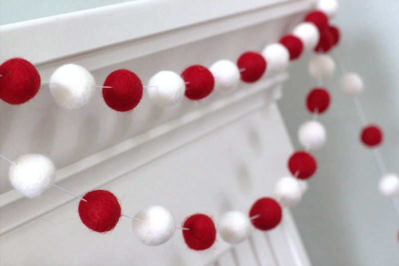 Red & White Felt Ball Garland- Home Decor, Winter Holiday Christmas Valentine's Day- 8 Foot/32 Felt Balls- 1" (2.5 Cm)