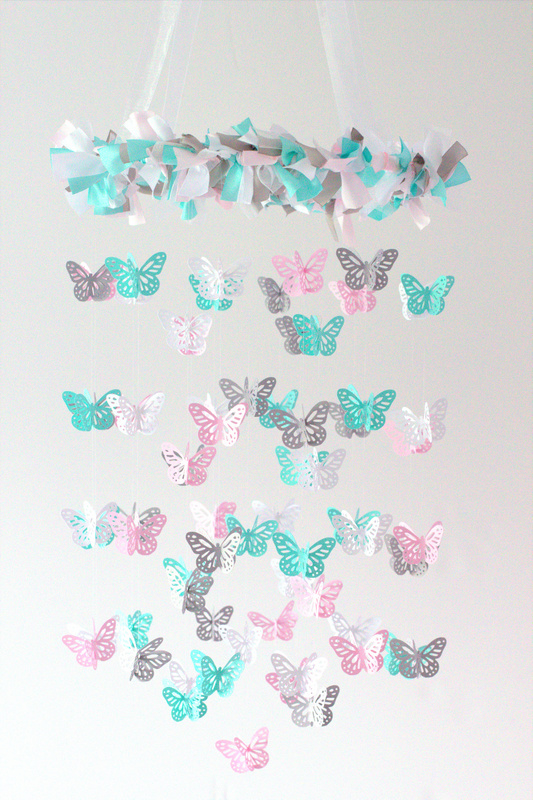 Pink, Aqua, White & Gray Nursery Butterfly Mobile