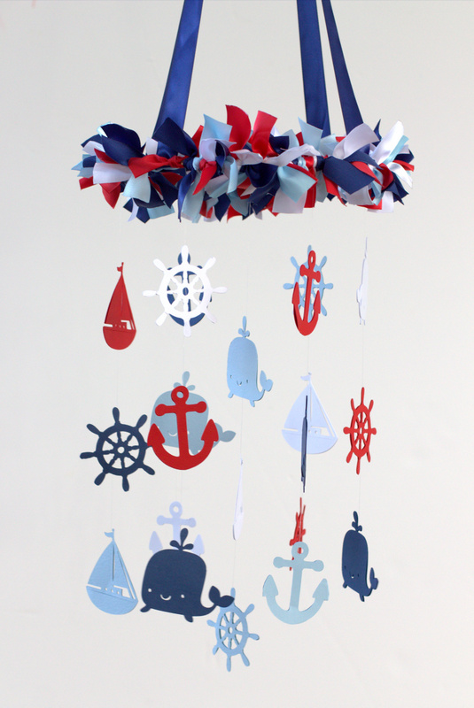 Nautical Nursery Mobile In Navy, Baby Blue, Red & White- Baby Mobile, Crib Mobile, Baby Shower Gift
