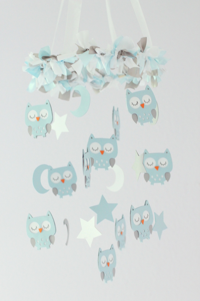 Owl Nursery Mobile In Baby Blue, Gray & White