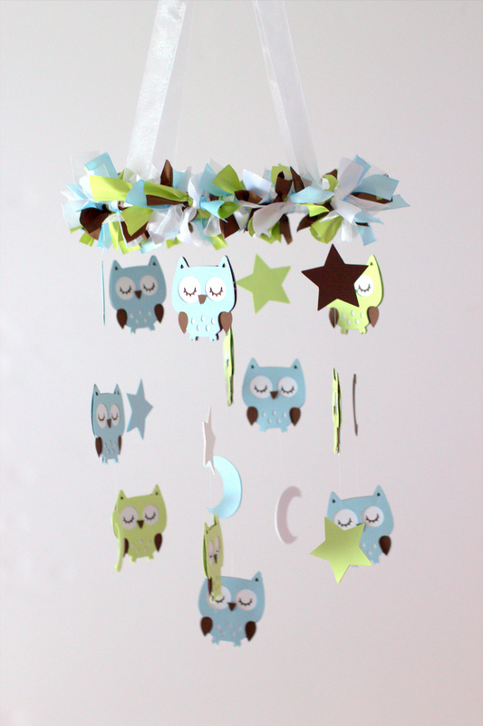 Owl Nursery Mobile In Baby Blue, Light Green, Brown & White