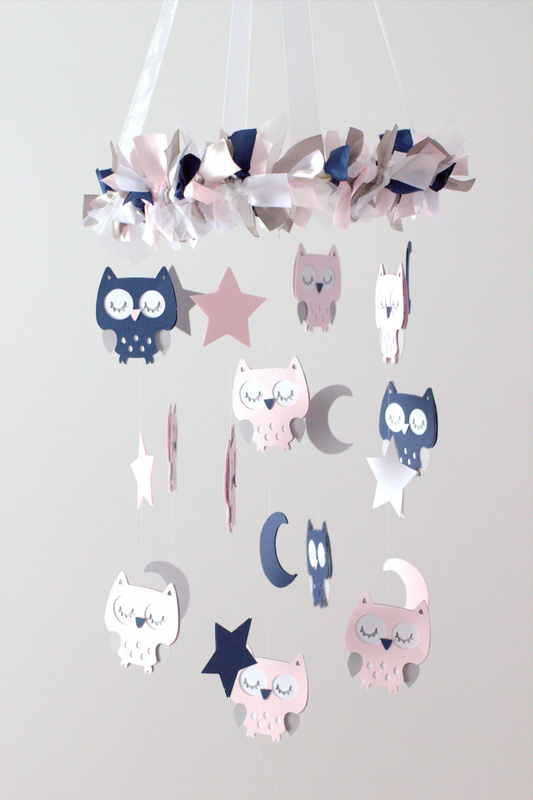 Owl Nursery Mobile In Pink, Navy Blue & White