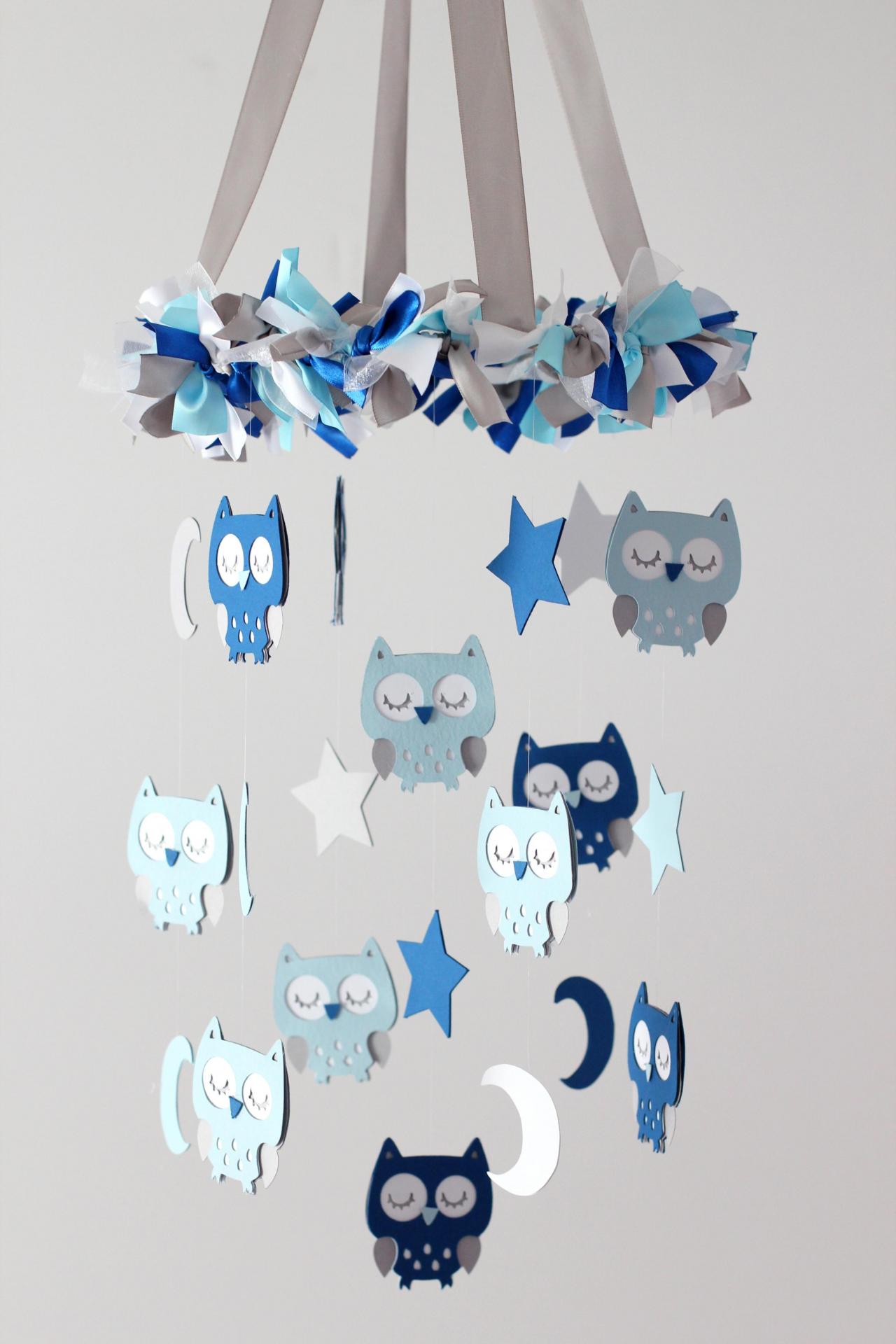 Owl Nursery Mobile In Baby Blue, Cobalt Blue, Gray & White