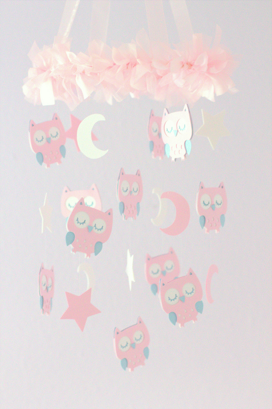 Small Owl Nursery Mobile In Pink, Baby Blue & White