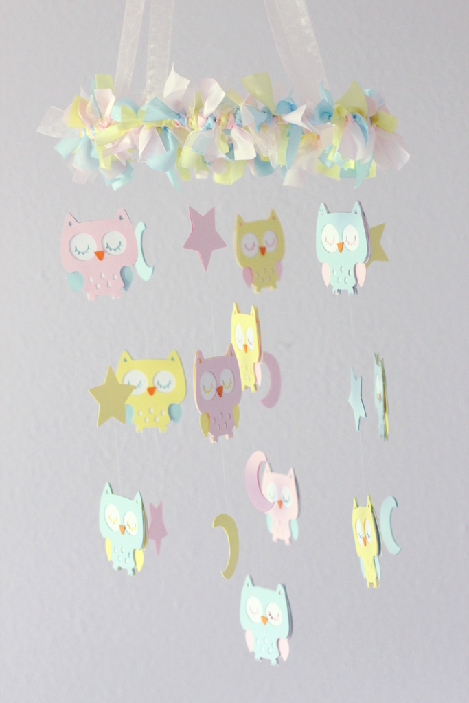 Owl Nursery Mobile In Baby Pink, Baby Blue & Yellow