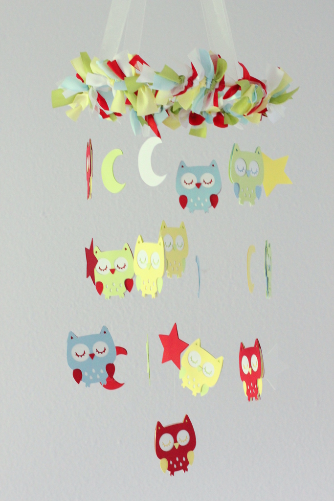 Small Owl Nursery Mobile In Red, Green, Yellow, Baby Blue & White
