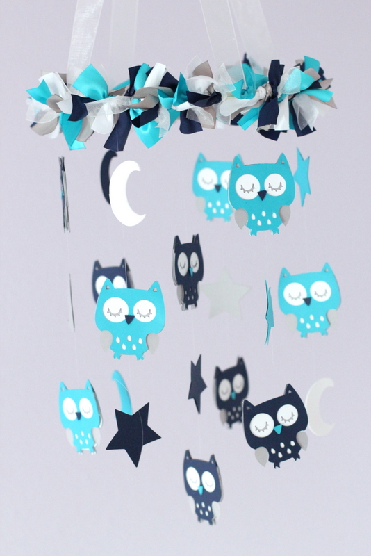 Owl Nursery Mobile In Turquoise, Navy Blue, Gray & White