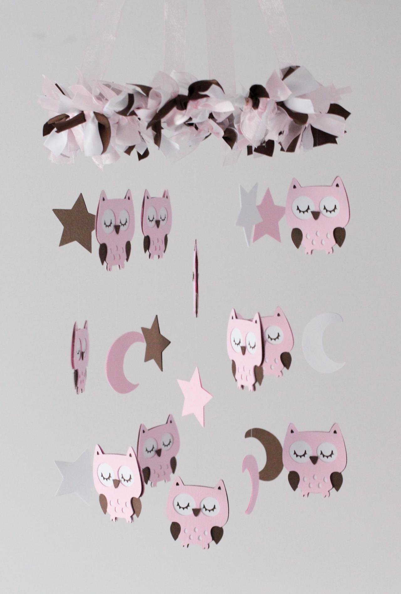 Owl Nursery Mobile In Baby Pink, Brown & White