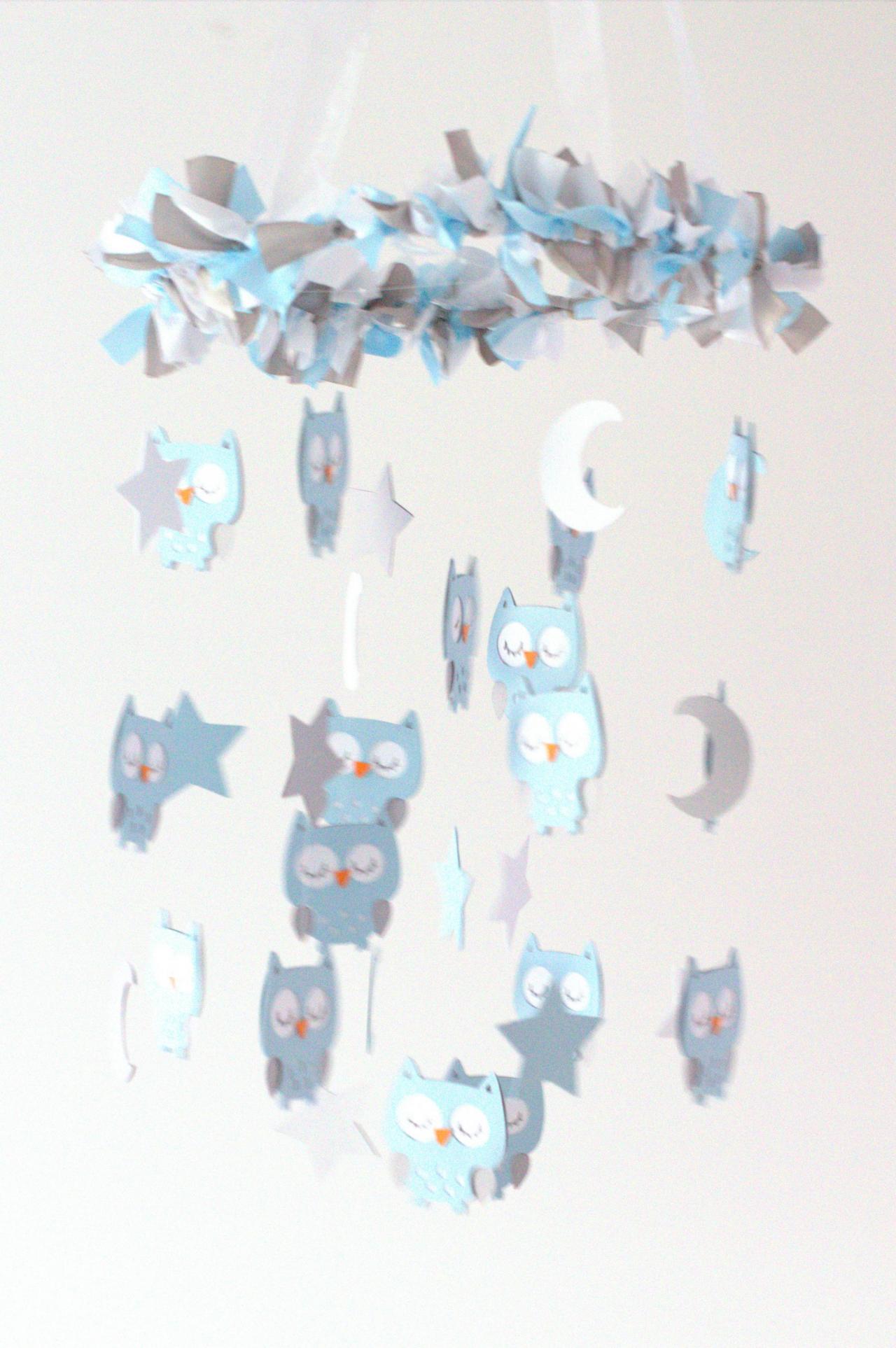 Large Owl Nursery Mobile In Baby Blue, Gray & White