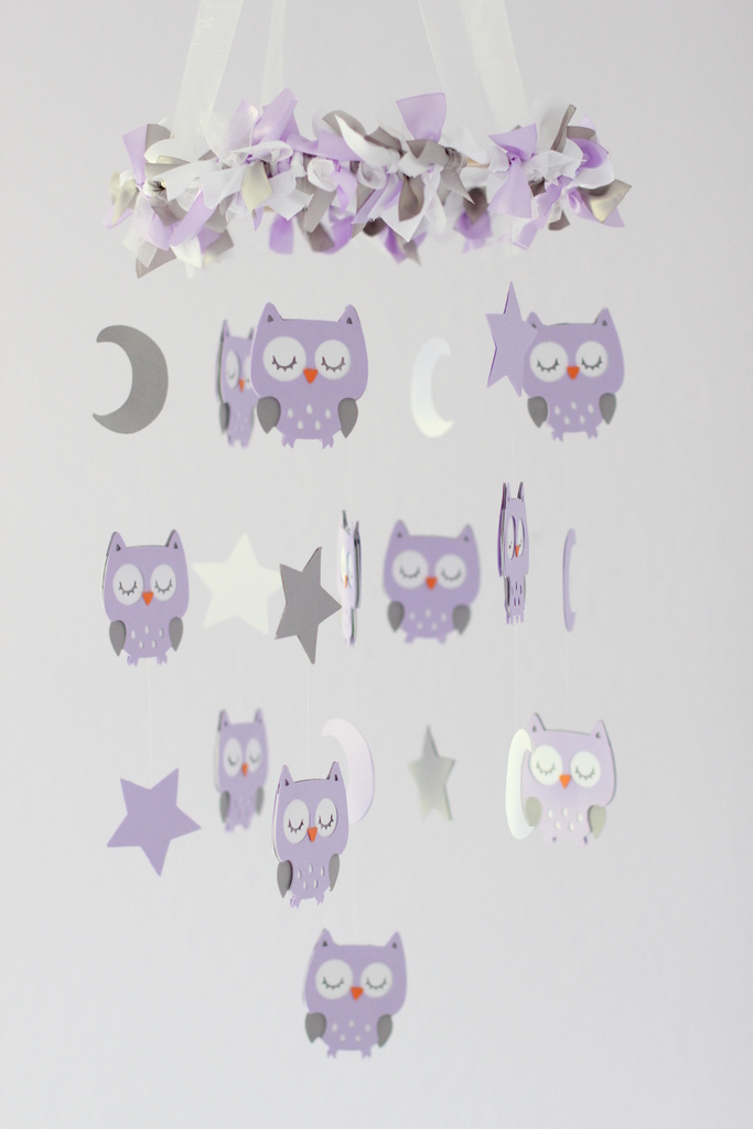 Small Owl Nursery Mobile In Lavender, Gray & White