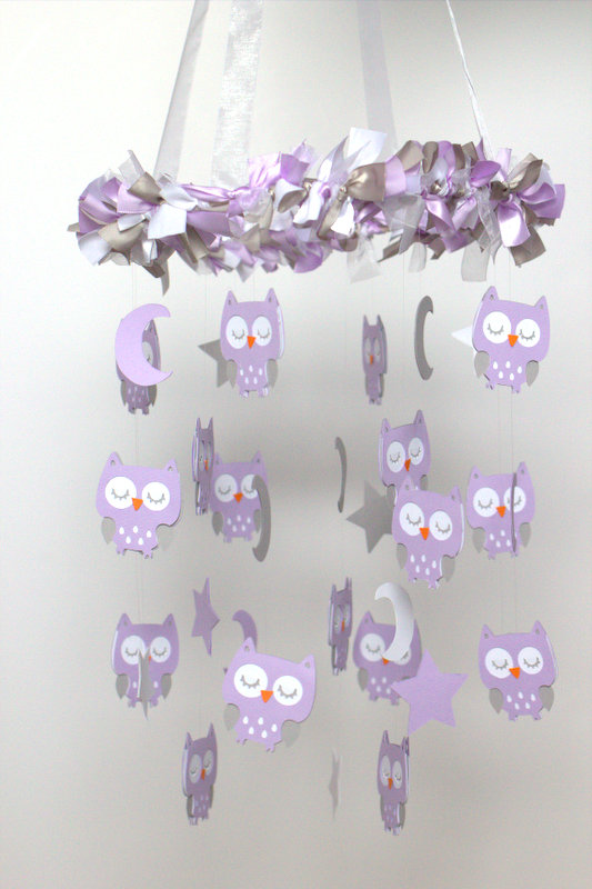 Owl Nursery Mobile In Lavender, White & Gray