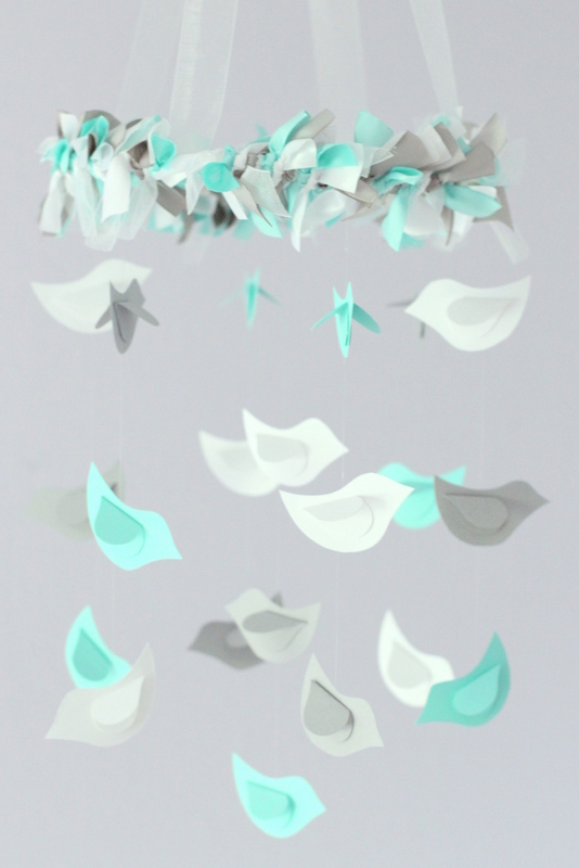 Small Bird Nursery Mobile In Aqua, Gray & White