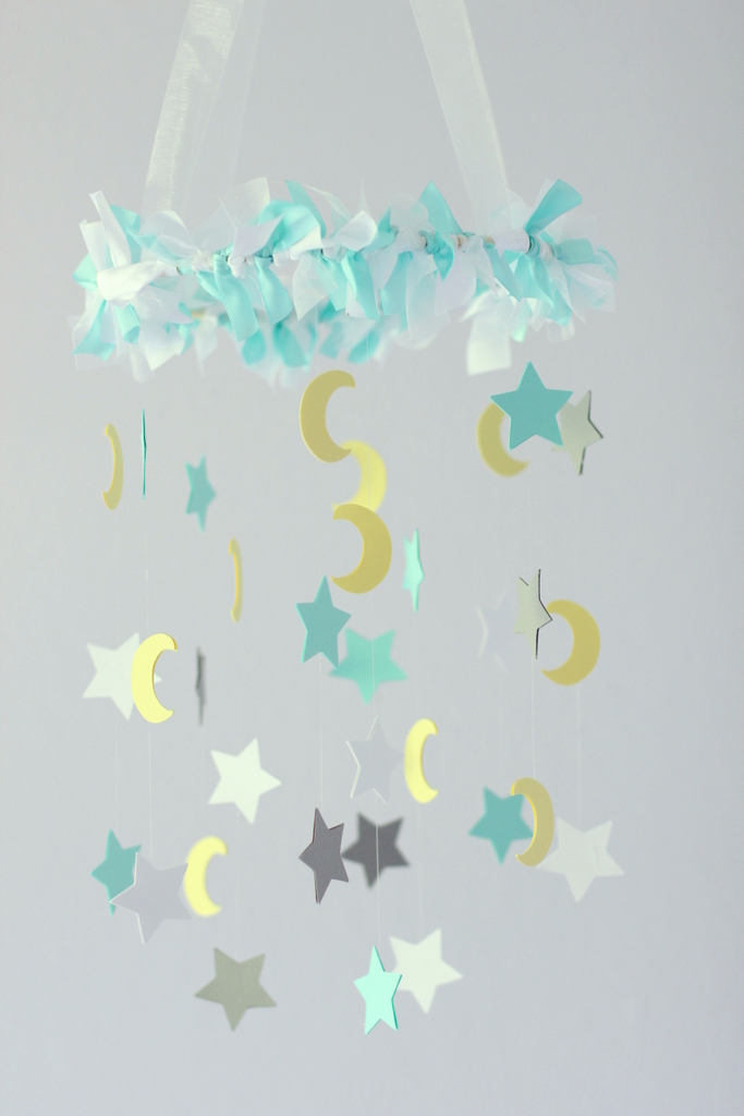 Small Star & Moon Mobile In Aqua, Gray, White & Yellow- Baby Nursery Mobile, Baby Shower Gift