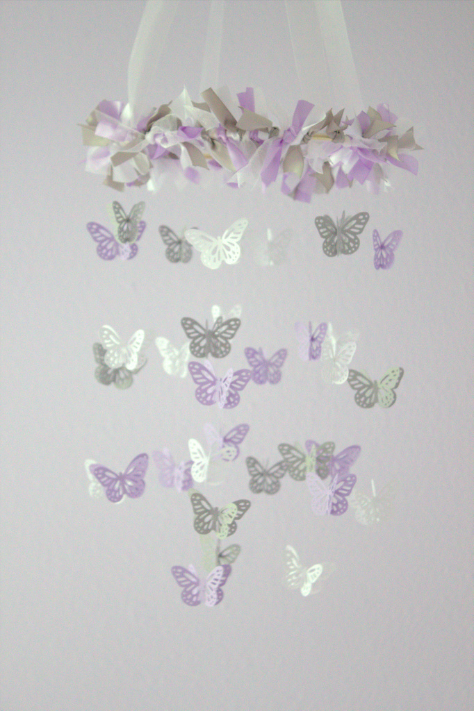 Small Butterfly Nursery Mobile In Lavender, Gray & White