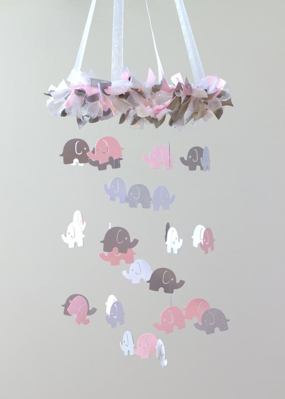 Small Elephant Nursery Mobile In Light Pink, Gray & White