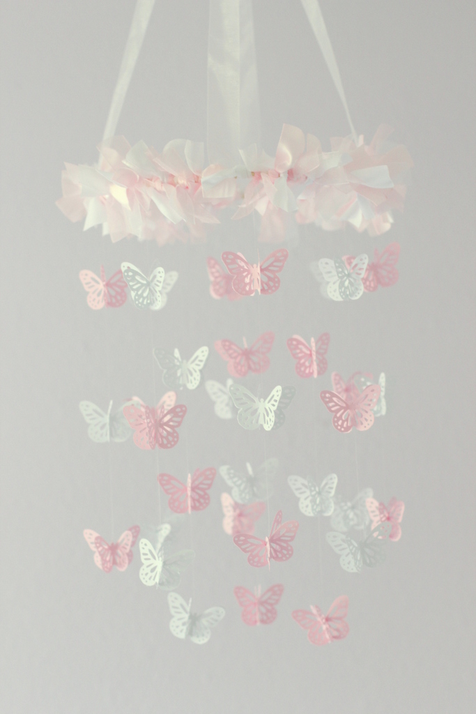 Small Butterfly Nursery Mobile In Light Pink & White