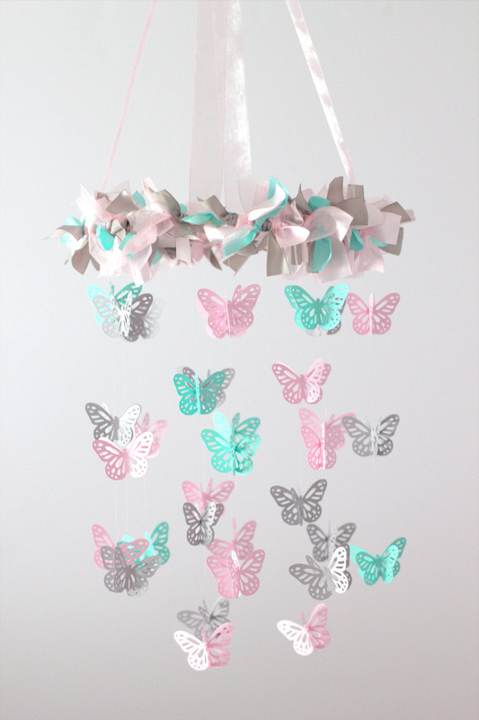 Small Butterfly Nursery Mobile In Light Pink, Aqua & Gray