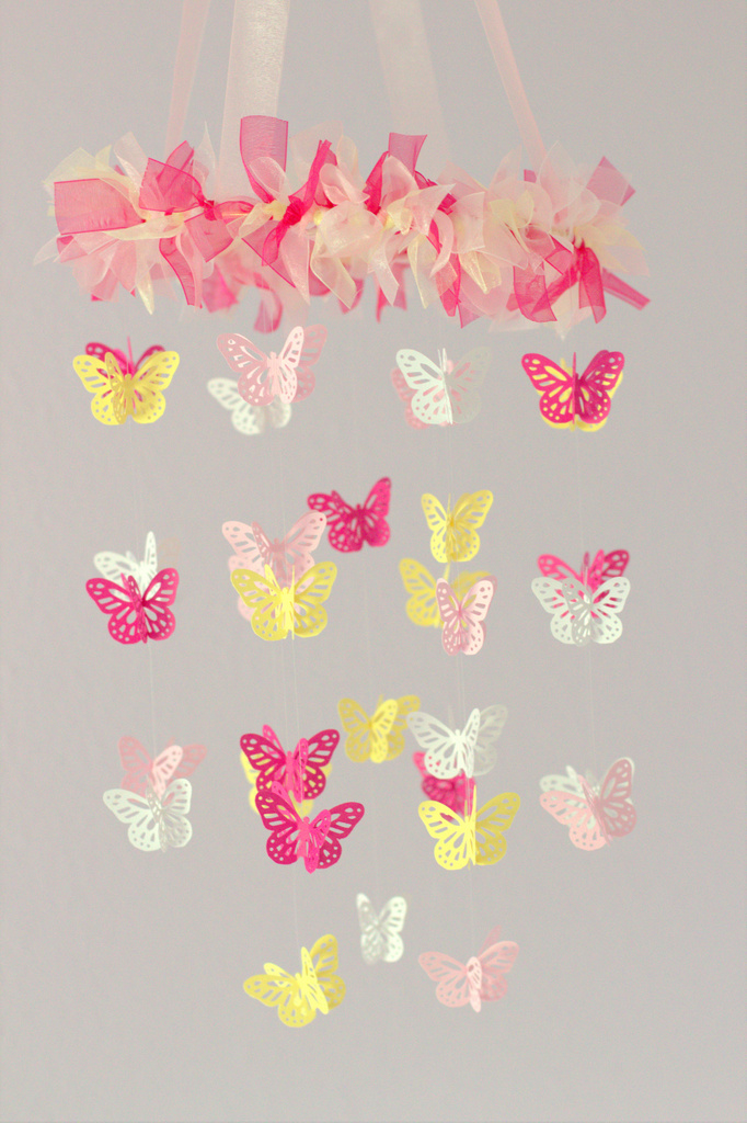 Small Butterfly Nursery Mobile In Light Pink, Pink, Yellow & White