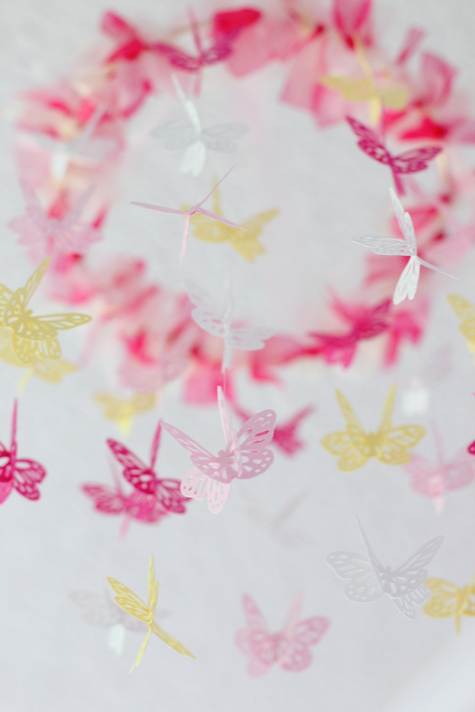 Butterfly Nursery Ceiling Mobile in Light Pink Hot Pink Yellow & White 