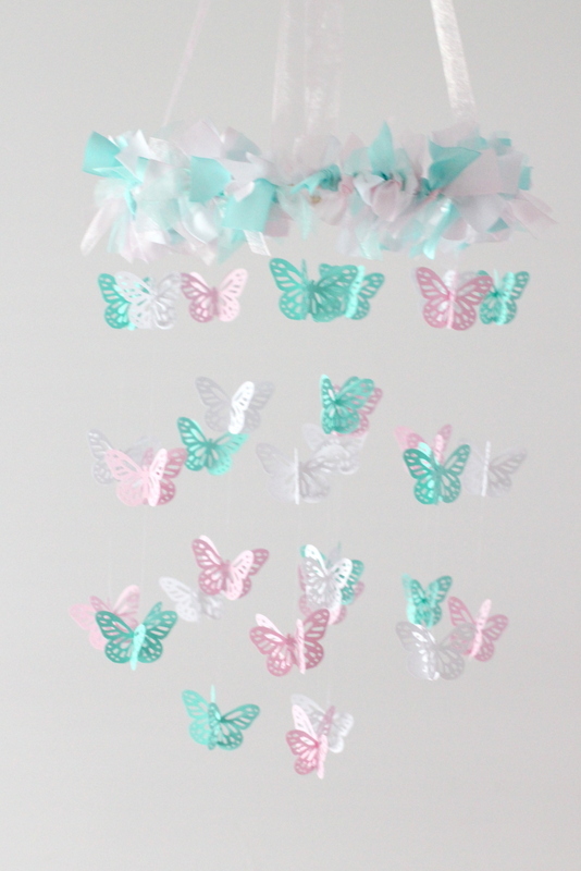 Small Butterfly Nursery Mobile In Light Pink, Aqua & White