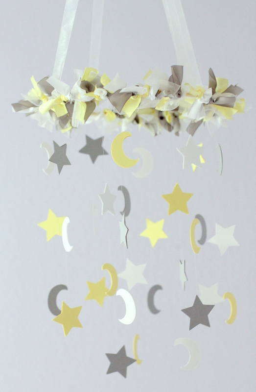 Small Star & Moon Nursery Mobile In Yellow, Gray & White