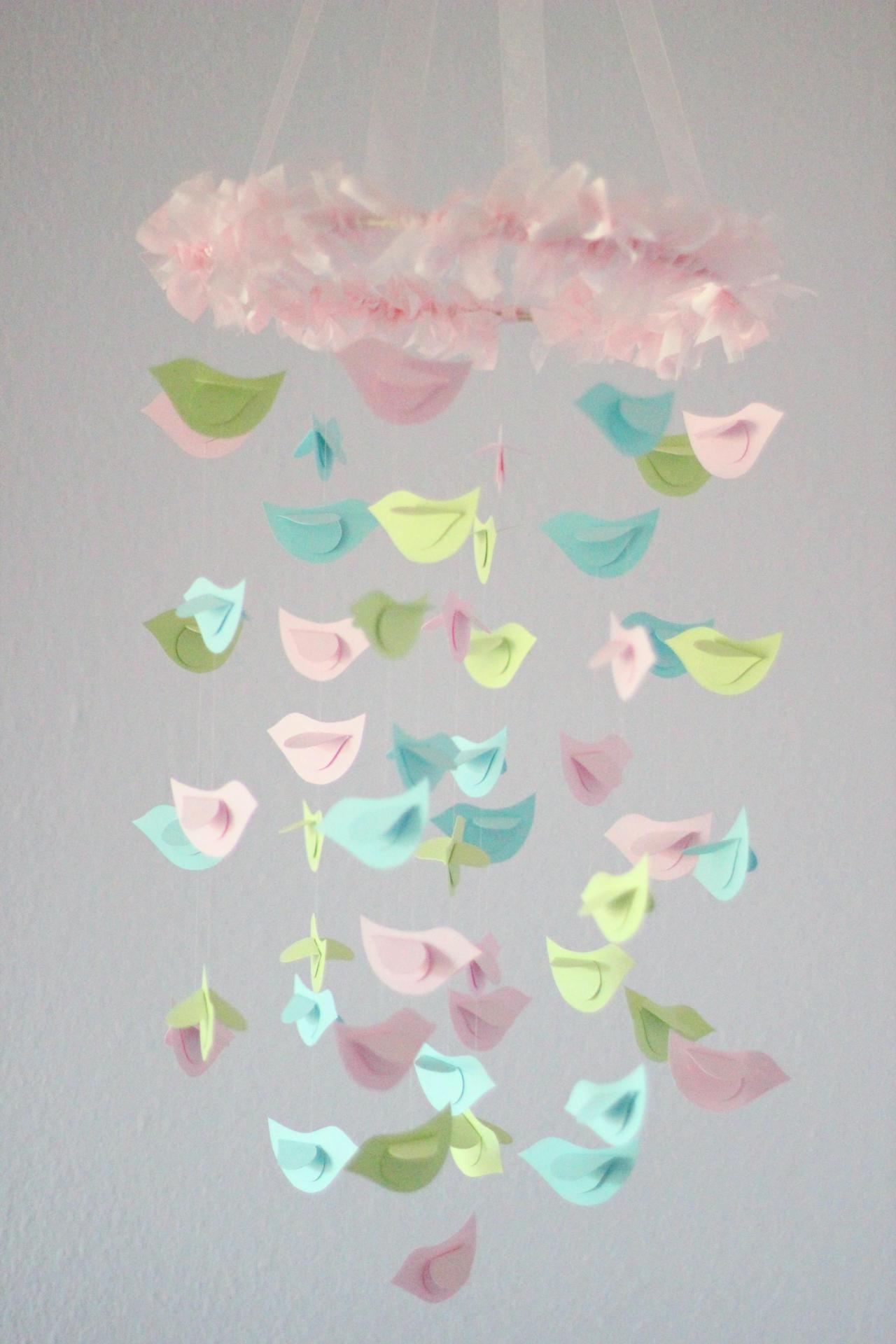 Bird Nursery Mobile In Baby Pink, Green & Tropical Blue