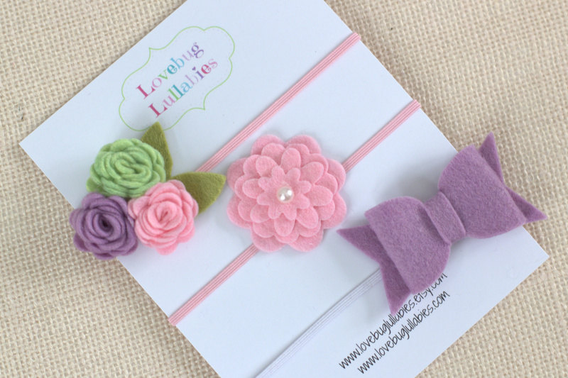 Felt Flower Bow Headband Or Alligator Clips Set Of 3 In Lavender Pink & Green