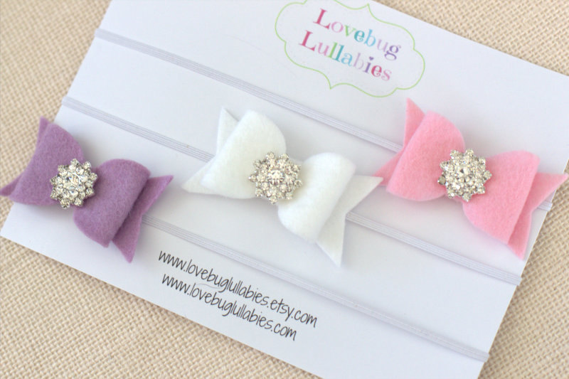 Rhinestone Felt Bow Headband Or Hair Clip Set Of 3 For Newborn Baby Child Or Adult In Pink Lavender & White