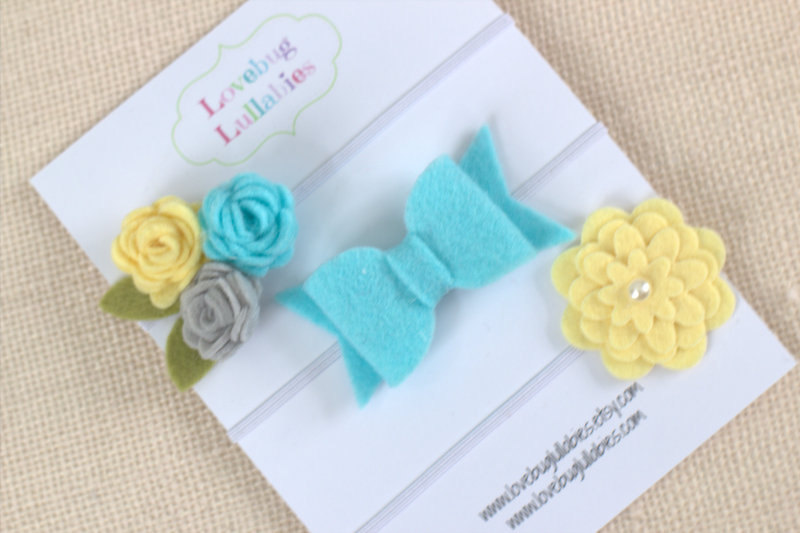 Aqua Yellow Gray Felt Flower Bow Headband Or Hair Clips Set Of 3; Baby Newborn Toddler Child Felt Bow; Baby Shower Gift; Newborn Photo Prop