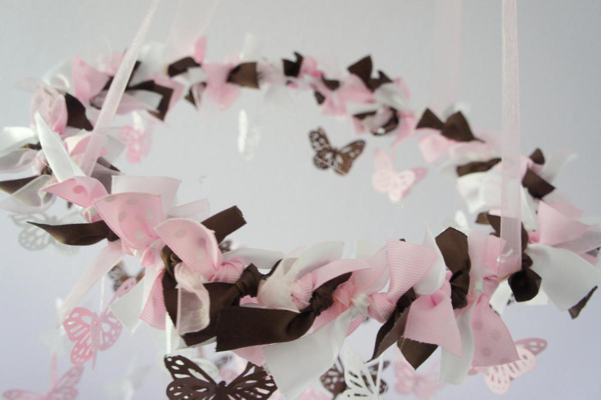 Polka Dot Nursery Mobile- Butterflies In Pink, White, & Chocolate