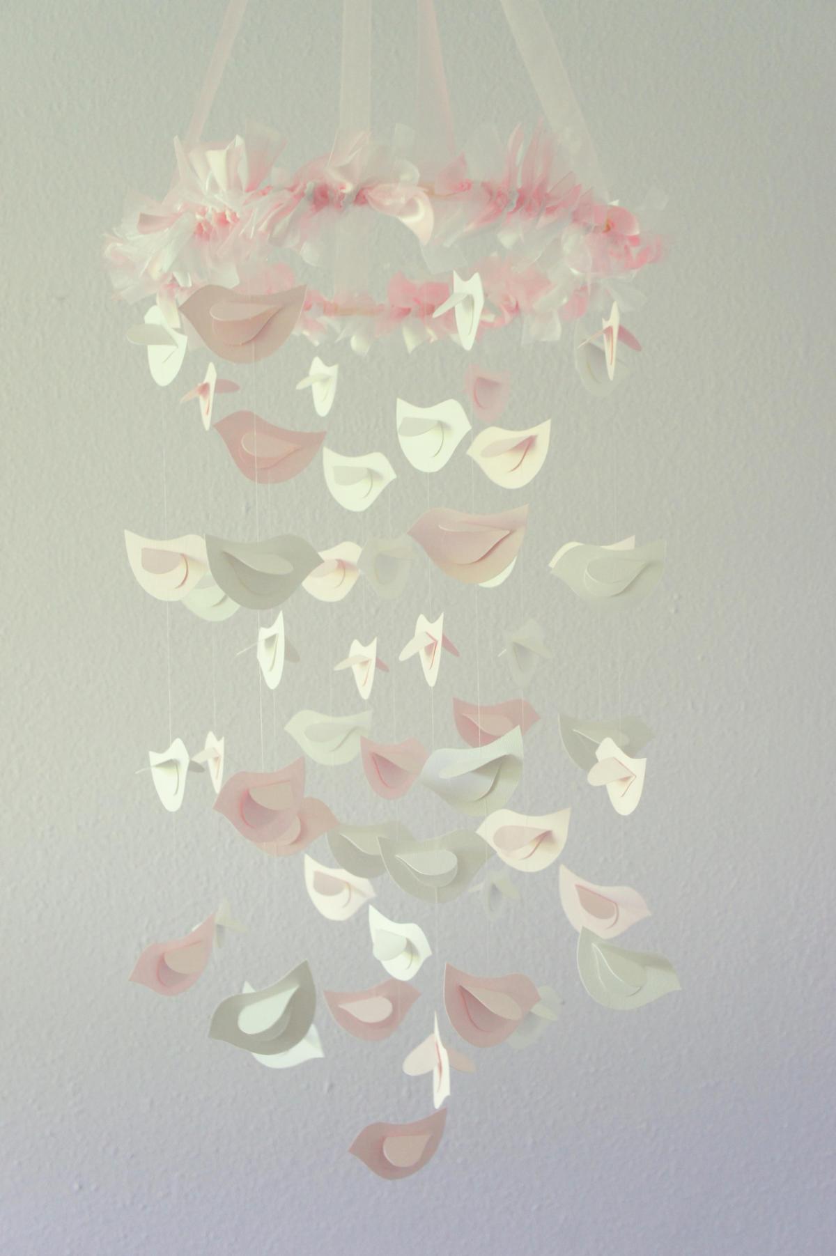Pink & White Nursery Bird Mobile, Wedding Chandelier, Baby Shower Gift, Photographer Prop