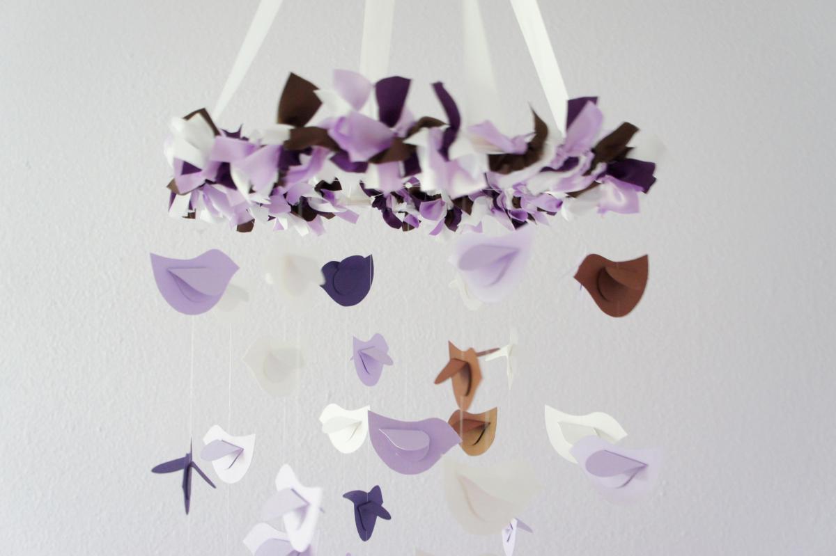 Lavender Brown Purple & White Bird Mobile, Nursery Decor, Baby Shower Gift