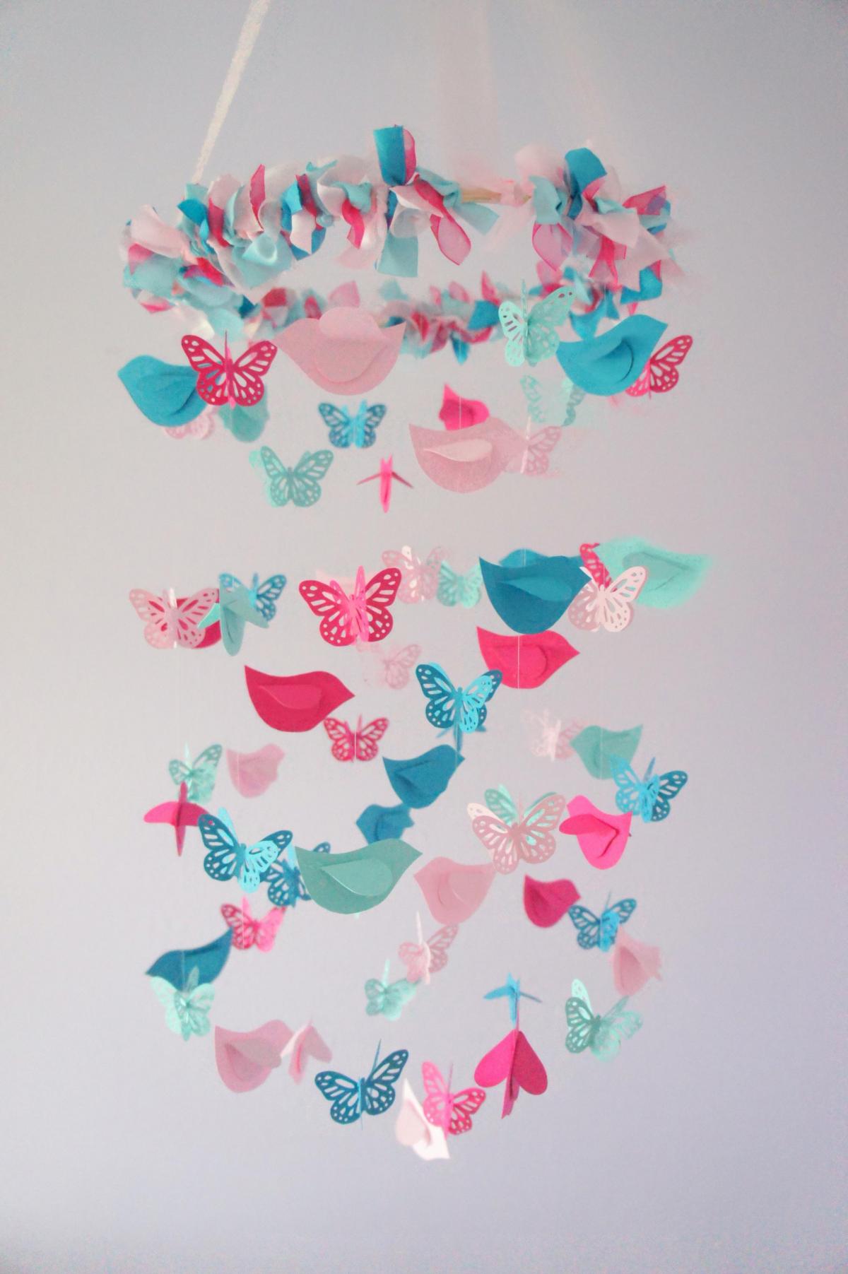 Pink Aqua Turquoise Butterflies & Birds Nursery Mobile