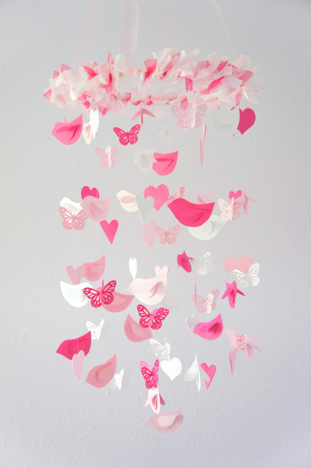 Birds Hearts & Butterflies Mobile- Sweet Baby Girl Pink Nursery Decor Mobile