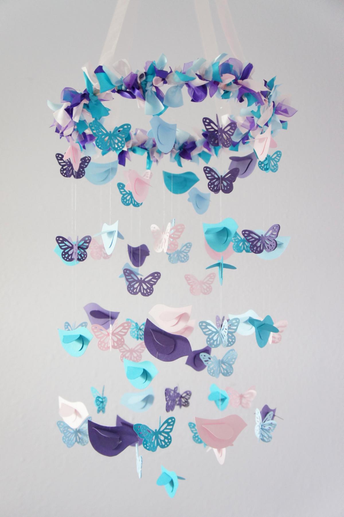 Nursery Mobile- Blue, Pink, Purple Birds & Butterflies- Nursery Decor, Baby Shower Decor