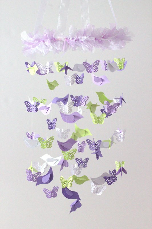 Lavender & Green Nursery Decor Mobile- Birds & Butterflies