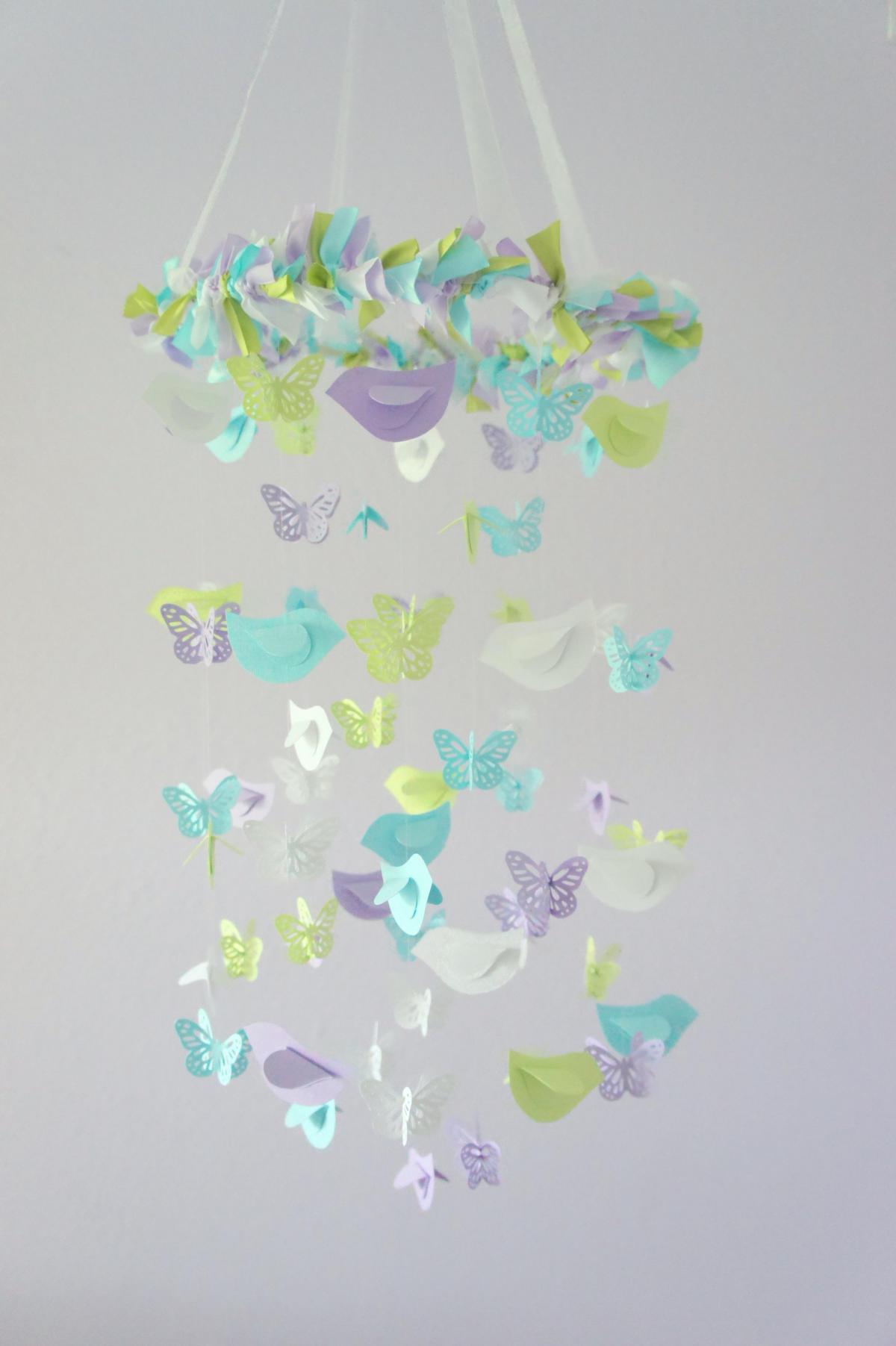 Lavender, Blue, Green & White Birds & Butterfly Nursery Mobile