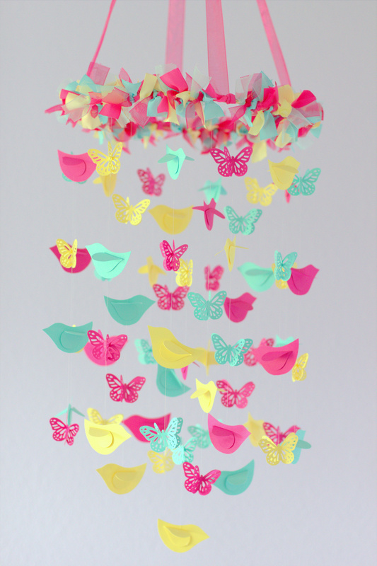 Butterflies & Birds Nursery Mobile In Bright Pink, Aqua, Yellow