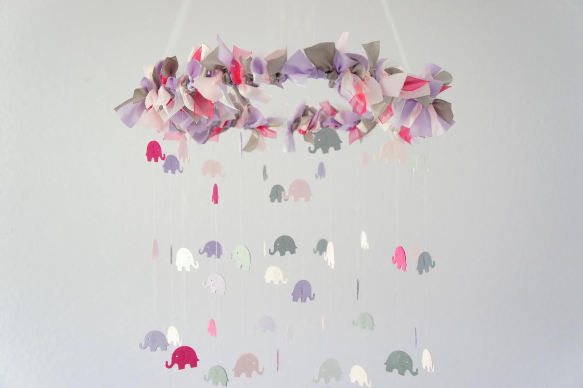 Pink Lavender Gray Elephant Nursery Mobile- Nursery Decor, Baby Shower Gift